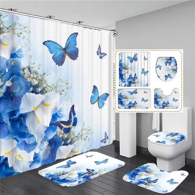 ensemble-rideau-et-tapis-de-bain-papillon-bleu